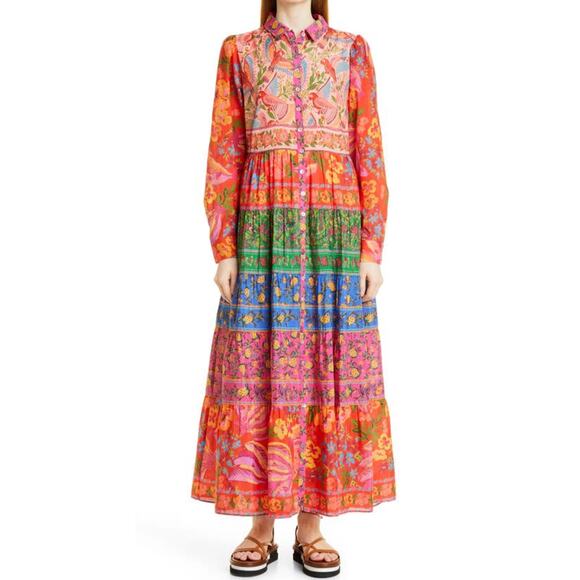 Farm Rio Mixed Boarder Print Button Front Maxi Dress Multicolor Size Large - Picture 2 of 12